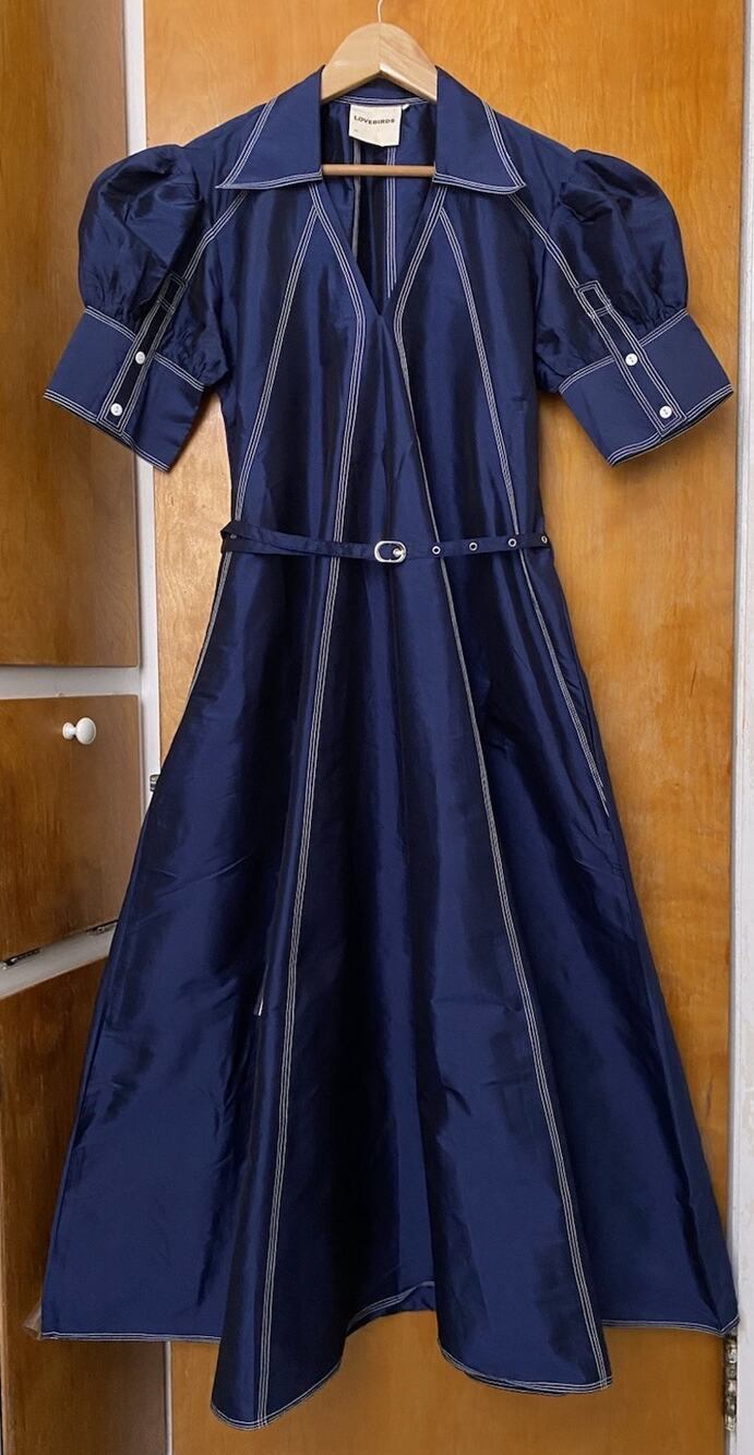 LOVEBIRDS Street Smart Blue Silk Puff Sleeve Midi Dress Topstitching Size XS